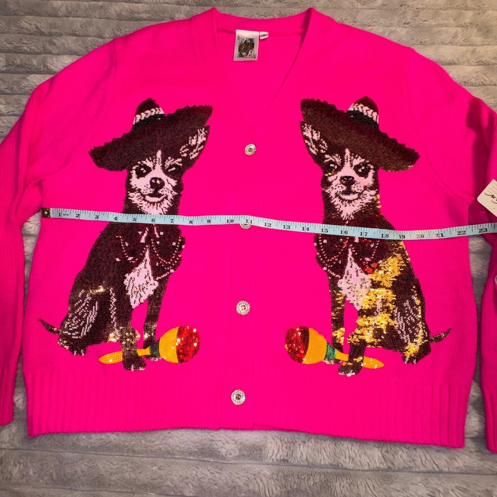 Queen of Sparkles Pink Chihuahua Sequin Cardigan Sweater Sombrero Maraca Small - Picture 9 of 13